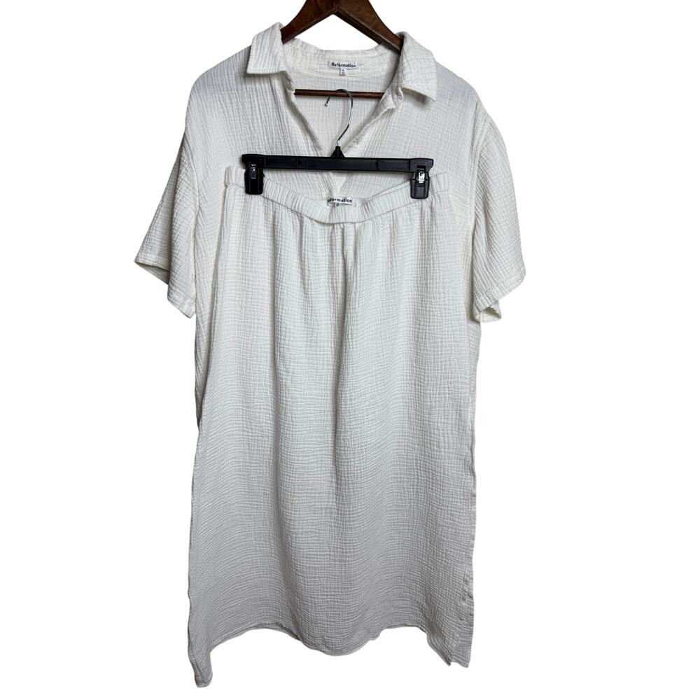 Reformation White Cotton Gauze 2 Piece Shirt Midi Skirt Set XL 12 Coastal